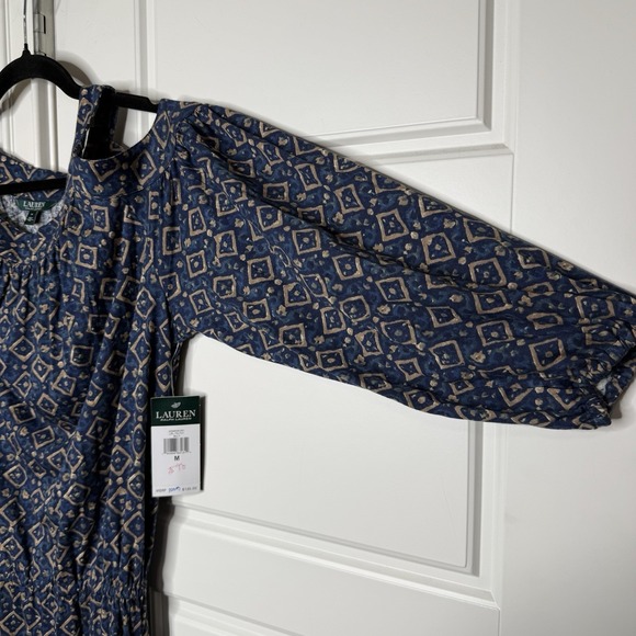 Ralph Lauren Open Shoulder Dress Women's Medium Blue Geometric Cottage Prairie - Picture 3 of 8